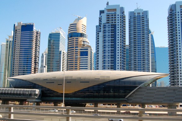 Dubai train station and skyline. Photo by Guy Bergstrom.