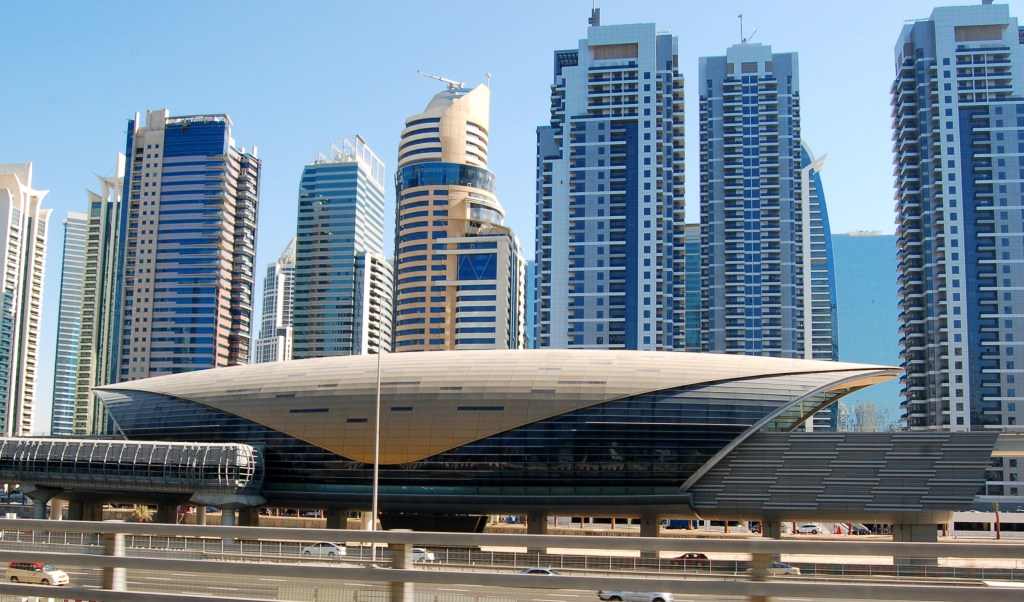 Dubai train station and skyline. Photo by Guy Bergstrom.